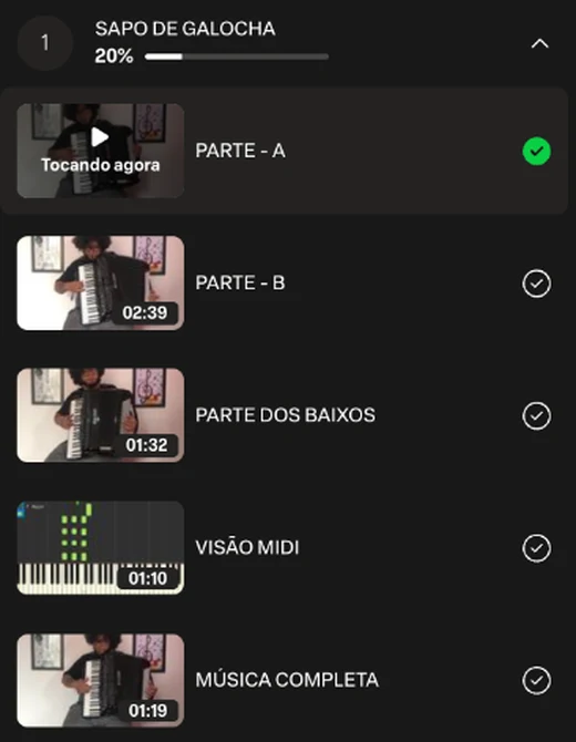 Lista de aulas de Sapo de Galocha na área de membros: parte A, parte B, parte dos baixos, visão MIDI e música completa